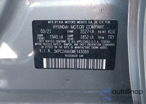 2021 Hyundai Accent Se from USA, damaged, VIN 3KPC24A60ME143089